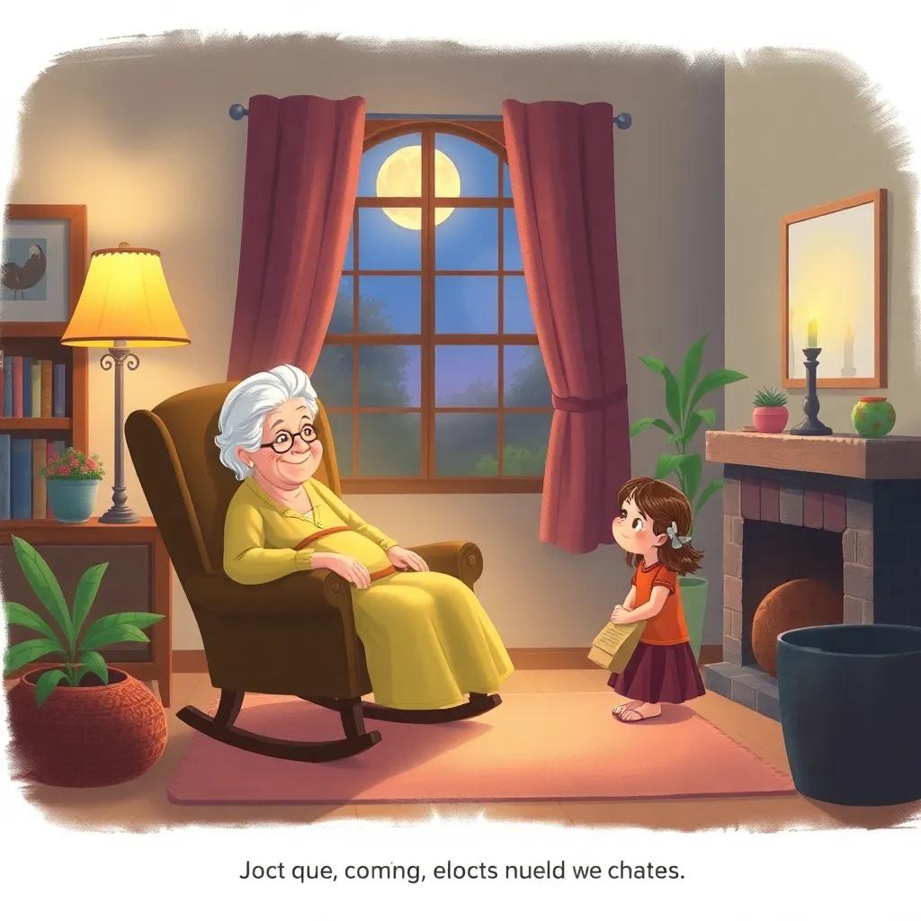A cozy living room with a grandmother sitting in a rocking chair, illuminated by moonlight coming through a window, with a young girl sitting beside her, a warm and inviting atmosphere, digital art, soft colors, high quality