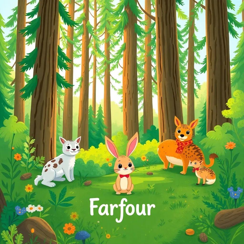 A beautiful forest with tall trees and friendly animals, featuring a small rabbit named 'Farfour', bright and cheerful, colorful illustration, adventure-themed, child-friendly