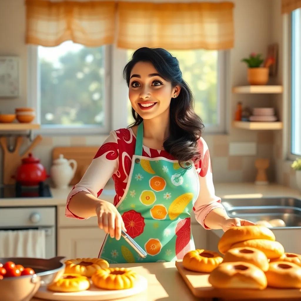 A bright kitchen with sunlight streaming in, a mother, a Middle-Eastern woman in her 30s, wearing a colorful apron, cooking delicious pastries, cheerful atmosphere, warm colors, homely feel, high quality