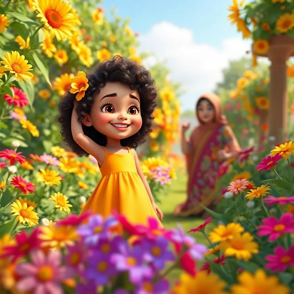 A sunny garden filled with colorful flowers, a young Middle-Eastern girl, Layan, with curly hair wearing a bright dress, playing happily with her mother, who is in a vibrant outfit, joyful scene, lively colors, heartwarming