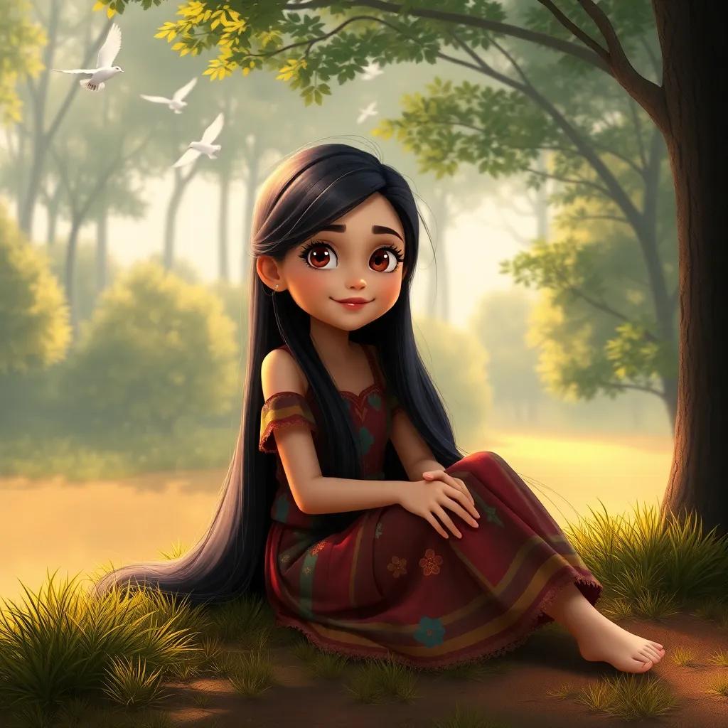 A young girl, Layan, with long, dark hair, wearing a colorful dress, sitting near the edge of a forest, gentle wind blowing through trees, drawing birds, peaceful atmosphere, digital art, warm colors, inviting scene, high quality