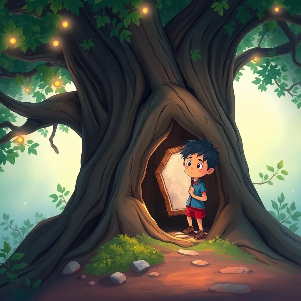 A mysterious old tree with a hollow trunk, Layan peeking inside, discovering a small dusty mirror, soft whispering breeze around, enchanting and magical ambiance, illustration, bright colors, mystical feeling, child-friendly
