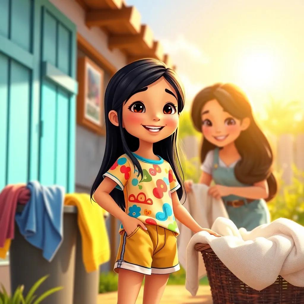 A sunny morning scene featuring a young girl, Layan, with long black hair wearing a colorful shirt and shorts, helping her mom with laundry, smiling and playful atmosphere, digital art, bright and cheerful colors, warm sunlight, inviting and family-friendly, high quality