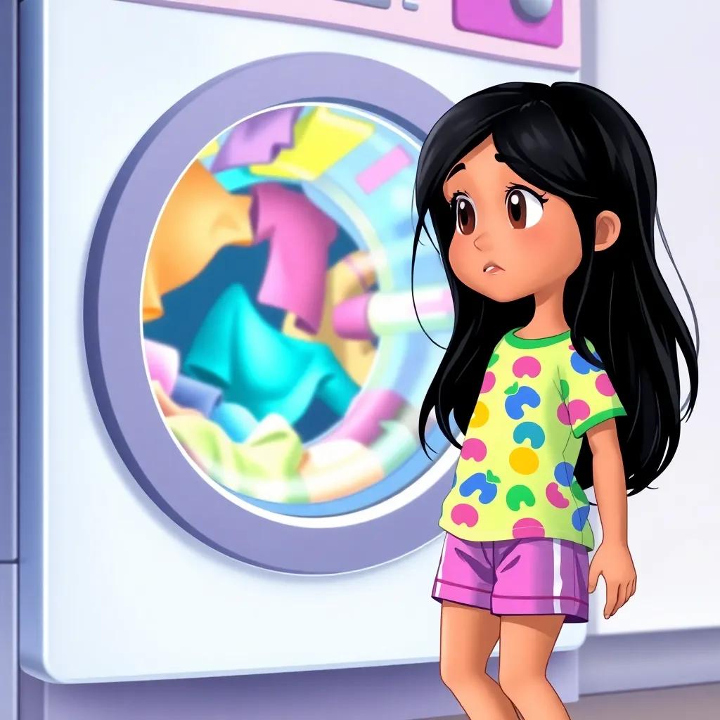 Layan, a young girl with long black hair, wearing a colorful shirt and shorts, watching in surprise as the washing machine spins with bright clothes inside, bright colors swirling, dynamic and fun scene, illustration, vibrant, engaging, storytelling perspective, high quality