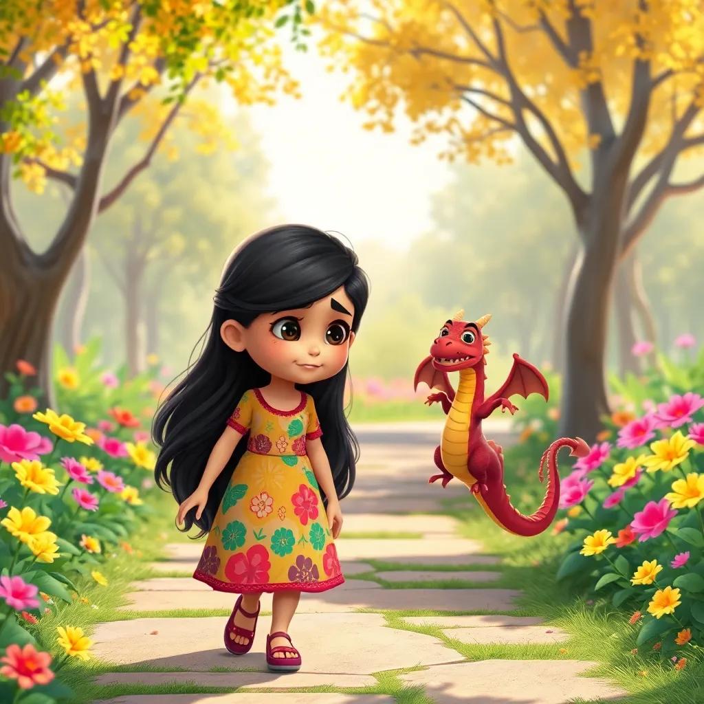 A young Arab girl, Layan, with long dark hair wearing a colorful dress, walking in a sunny park with vibrant flowers, feeling a little angry with a small dragon appearing beside her, digital art, cheerful colors, bright atmosphere, high quality