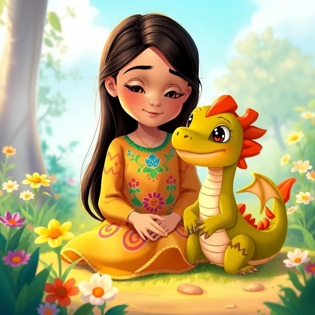 Layan, a young Arab girl, with long dark hair in a colorful dress, calming a cute little dragon that has fiery breath, sitting in a peaceful garden, with bright flowers and a blue sky, illustration, serene colors, enchanting scene, high quality