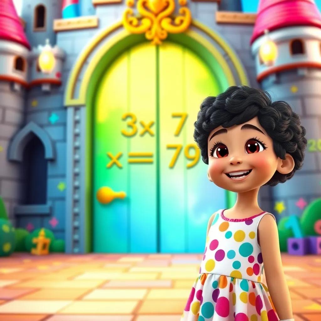 A young girl, Layan, with short, curly hair and bright eyes, wearing a colorful dress, standing in front of a magical castle with a giant door displaying the equation 3x + 7 = 19, happy and excited, surrounded by colorful numerical symbols, digital art, vibrant colors, cheerful atmosphere, high quality