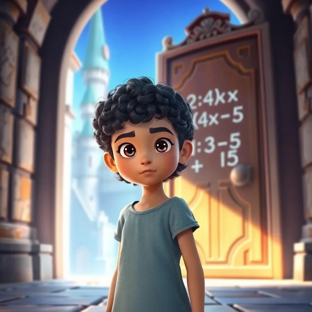 A young girl, Layan, with short, curly hair and bright eyes, looking determined in front of a second big door with the equation 2(4x - 3) + 5 = 15 written on it, castle background, magical environment, inspired expression, bright colors, fantasy setting, high quality
