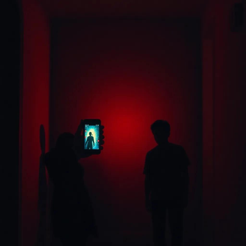 A dark room at 3:07 AM with a flickering smartphone screen, eerie visuals, shadowy outlines of figures, the light giving off a red glow, a sense of tension, digital art, haunting ambiance, high quality
