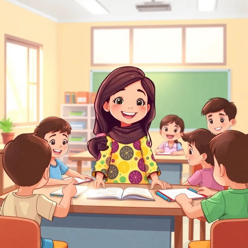A cheerful classroom scene with a young Arab girl, Lya, with long, dark hair wearing a colorful dress, joyfully helping classmates with their schoolwork, bright sunlight streaming through the windows, welcoming and lively atmosphere, digital art, vibrant colors, high quality
