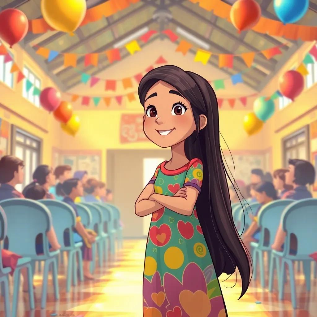A joyful celebration in a decorated school hall with young Arab girl, Lya, with long, dark hair wearing a colorful dress, leading the preparations, colorful banners and balloons, warm light, festive and cheerful mood, digital painting, rich details, uplifting