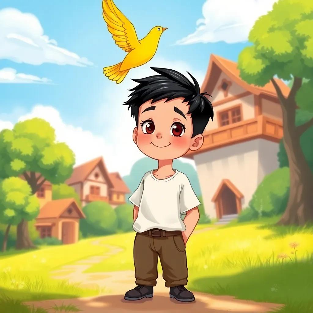 A young boy, Lyth, with short black hair, wearing a simple white shirt and brown pants, standing in a peaceful village with a yellow bird flying around him, surrounded by green trees and blue sky, cheerful atmosphere, digital art, vibrant colors, friendly setting, high quality