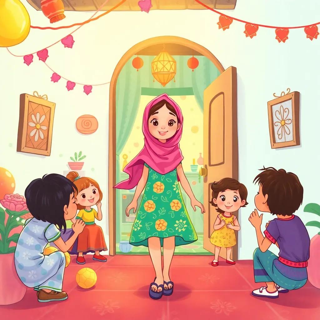 Sarah, a young Arab girl, walking into Aya's house filled with laughter and colorful decorations, wearing a bright dress, friends around her with games, vibrant atmosphere, illustration, playful, engaging scene, child-friendly