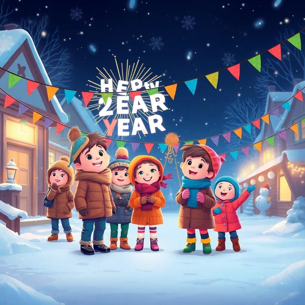 A winter night scene with children celebrating New Year's Eve, colorful flags and sparkling lights, a cheerful atmosphere, digital art, warm colors, festive mood, high quality