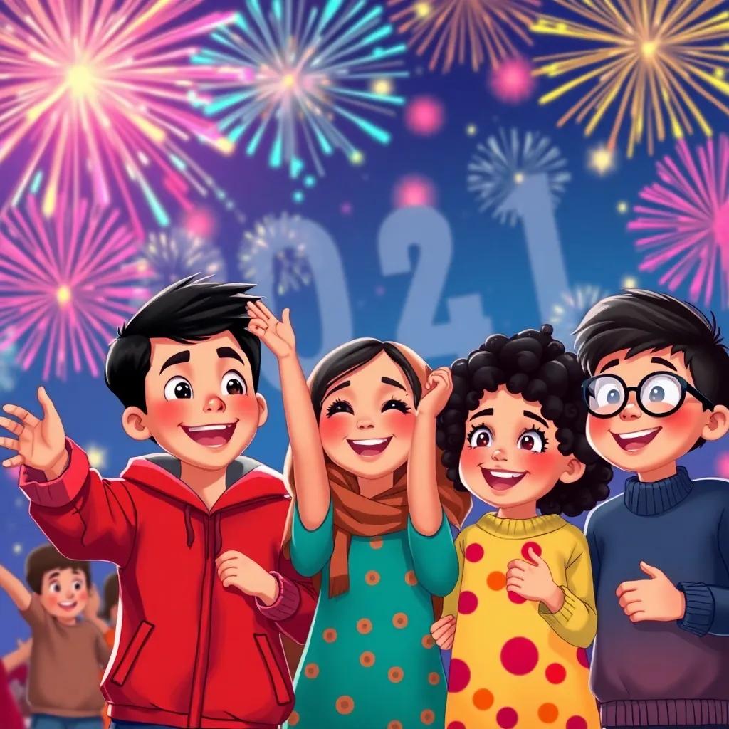 A group of children joyfully counting down to the new year, fireworks bursting in the colorful night sky, diverse children - Sami, a young Arab boy with short black hair in a red jacket, Mariam, a young Arab girl with curly hair in a colorful dress, and Ahmed, a young Arab boy with glasses and a blue sweater, joyfully cheering, digital painting, vibrant, joyful scene, high quality