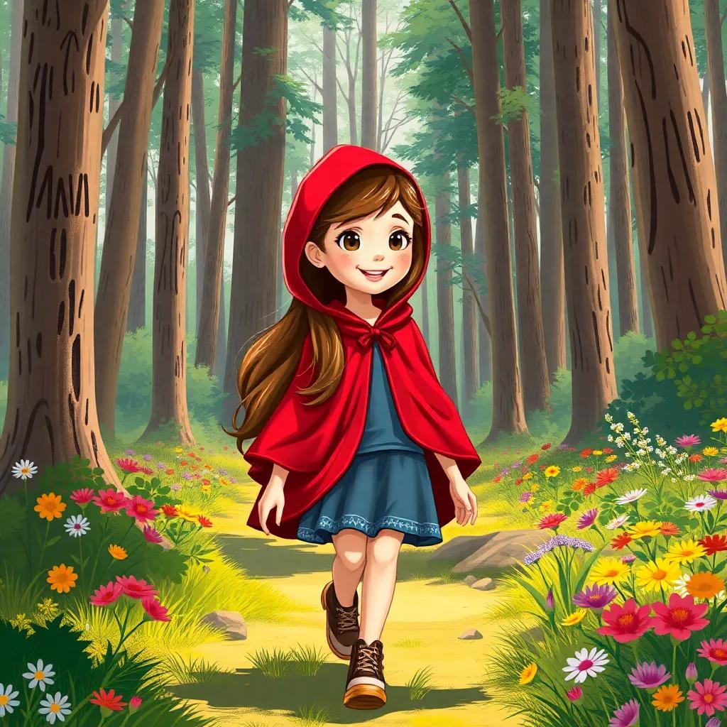 A young girl, Layla, with long brown hair wearing a red hooded cape, walking cheerful in a sunny forest, surrounded by tall trees and colorful flowers, digital art, vibrant colors, cheerful atmosphere, high quality