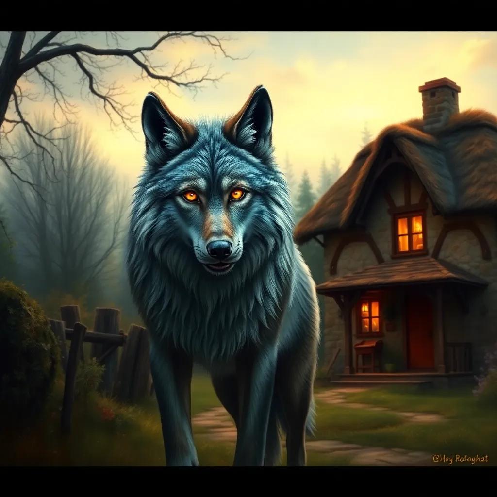 A cunning wolf, with bright yellow eyes and shaggy gray fur, standing in front of a cottage, thinking of his next move, evening light, warm color, suspenseful atmosphere, high quality