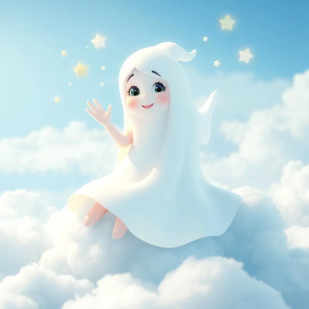 A friendly ghost named Lily, wearing a flowing white dress like mist, sitting on fluffy white clouds, waving to stars in a bright sky, digital art, soft colors, magical and whimsical atmosphere, high quality
