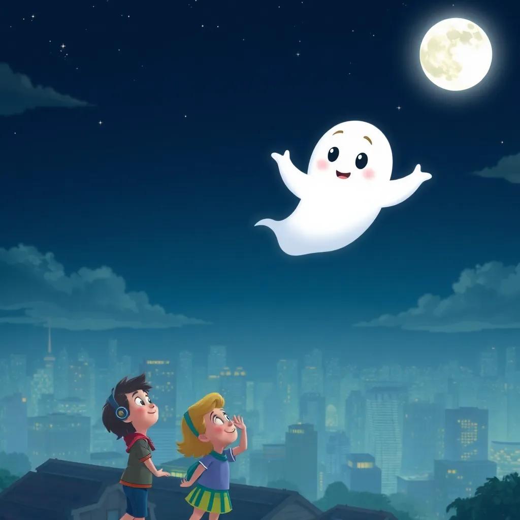 Lily the ghost, with a gentle smile, flying over a city at night, children looking up with excitement, a beautiful full moon shining, illustration, lively, inspiring, child-friendly
