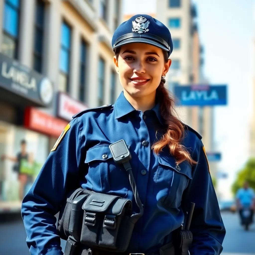 A brave young Arab police officer named Layla wearing a blue uniform, standing confidently in a sunny city street, cheerful atmosphere, high quality