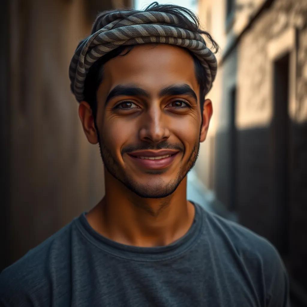 A charming young Arab man named Sami with a warm smile, standing in a shadowy alley, with a hint of mystery in his eyes, engaging and thoughtful expression
