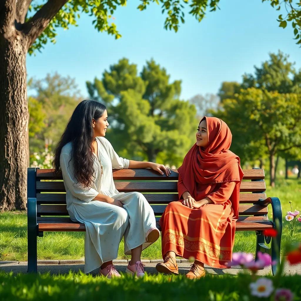 Layla and Sami sitting on a park bench, talking and sharing dreams, with trees and flowers around, bright and inviting scene, heartwarming