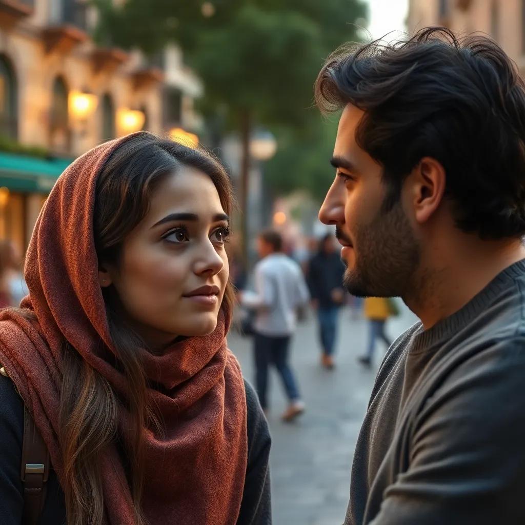 Layla listening intently to Sami, her eyes expressing understanding and empathy, with a soft background of a city square, friendly colors and atmosphere