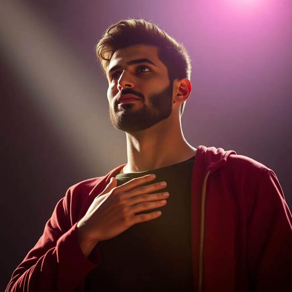 Sami looking determined, with his hand on his heart, inspired by Layla’s words, with bright light shining around him, symbolizing hope and change