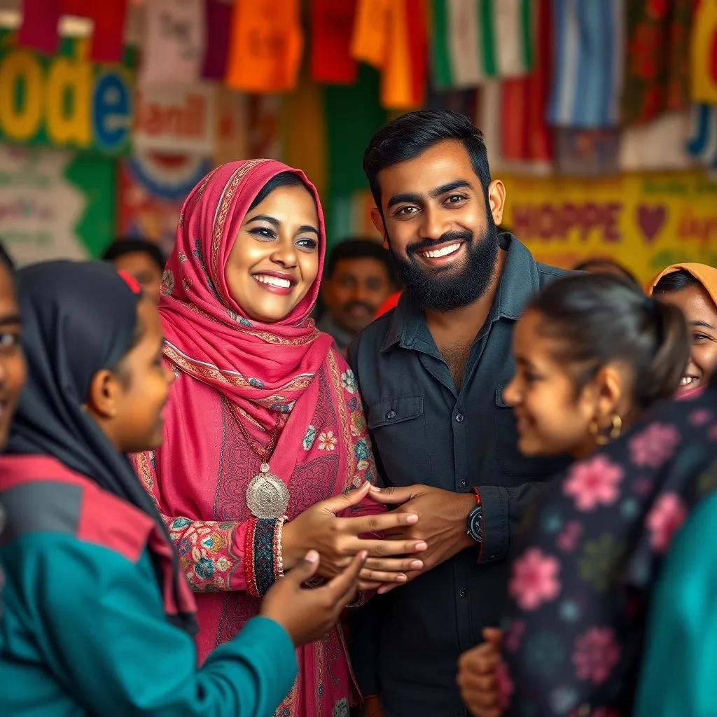 A vibrant scene showing Layla and Sami together, helping people in need, surrounded by smiles and gratitude, a mixture of colors representing hope and love