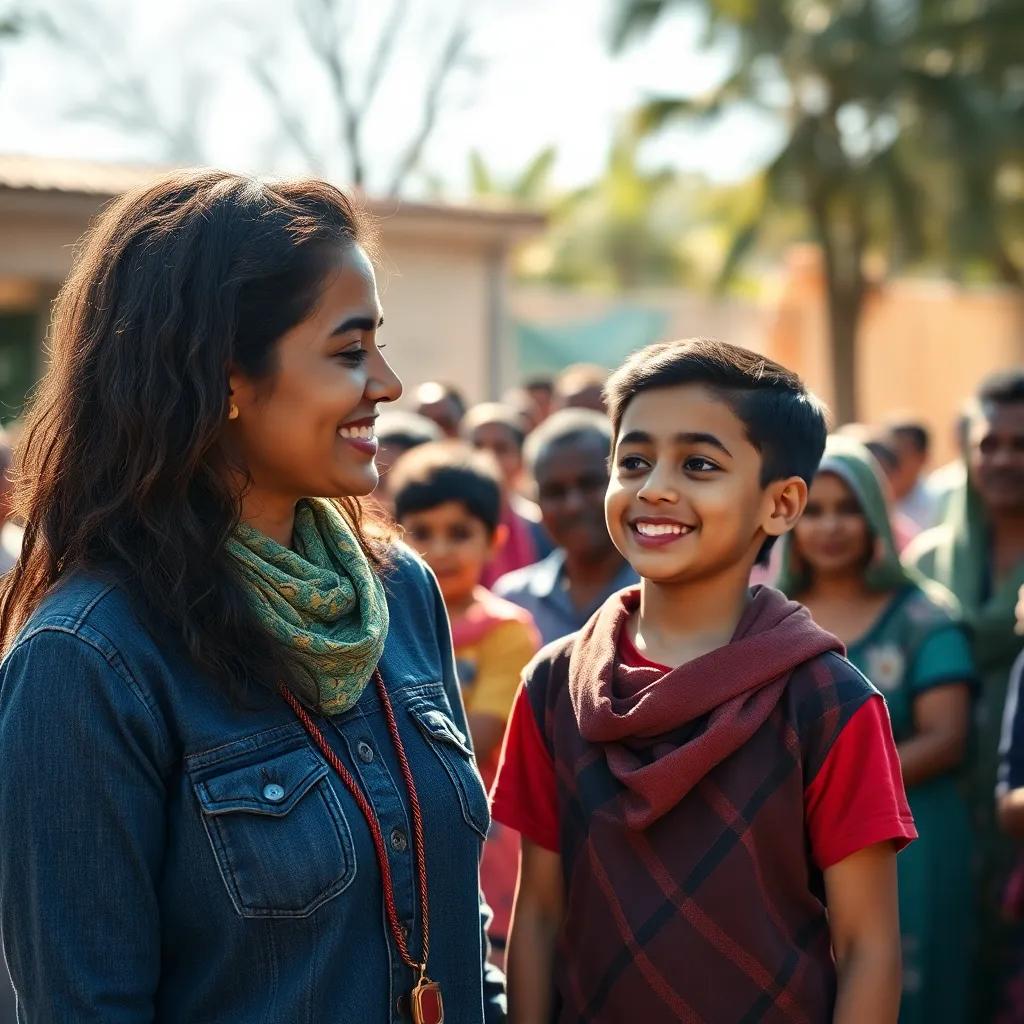 Layla smiling at Sami as he stands proudly in front of a community gathering, bright sunlight, supportive feel, colors capturing warmth and acceptance