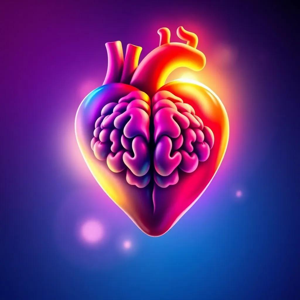 An illustration of a heart with a brain in the middle, symbolizing the victory of love and intelligence, bright colors, artistic style, inspiring imagery