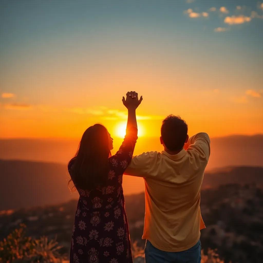 Layla and Sami together, looking towards a beautiful sunset, arms raised in triumph, symbolizing victory, with warm colors and a hopeful vibe