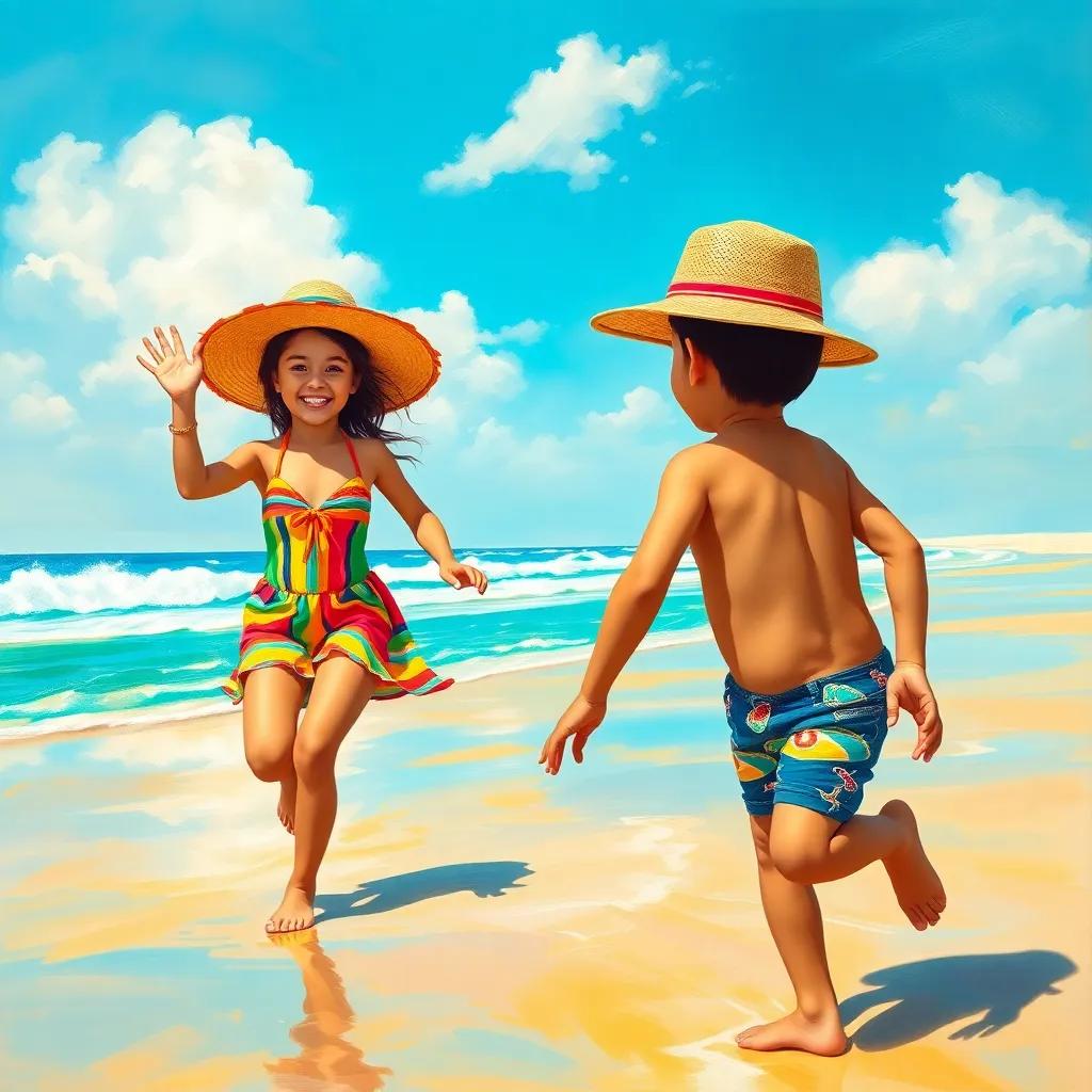 A sunny beach with a young Arab girl, Leila, wearing a colorful swimsuit and a wide-brimmed hat, smiling and running towards a young boy, Adam, who is waving, vibrant colors, cheerful atmosphere, high quality