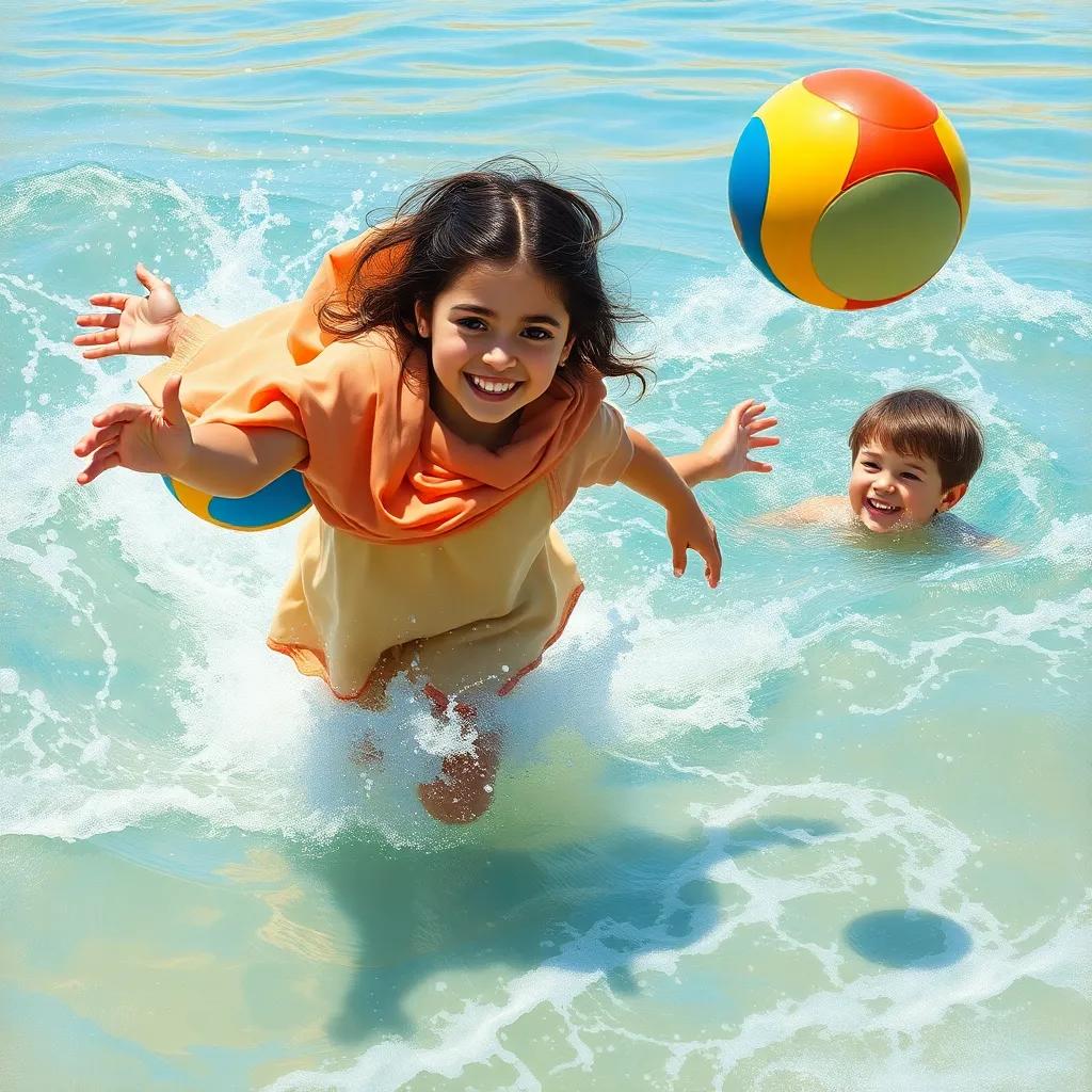 A young Arab girl, Leila, playing in the water, smiling as she runs after a colorful ball thrown by a young boy, Adam, with waves splashing around them, joyful scene, bright day, child-friendly, high quality