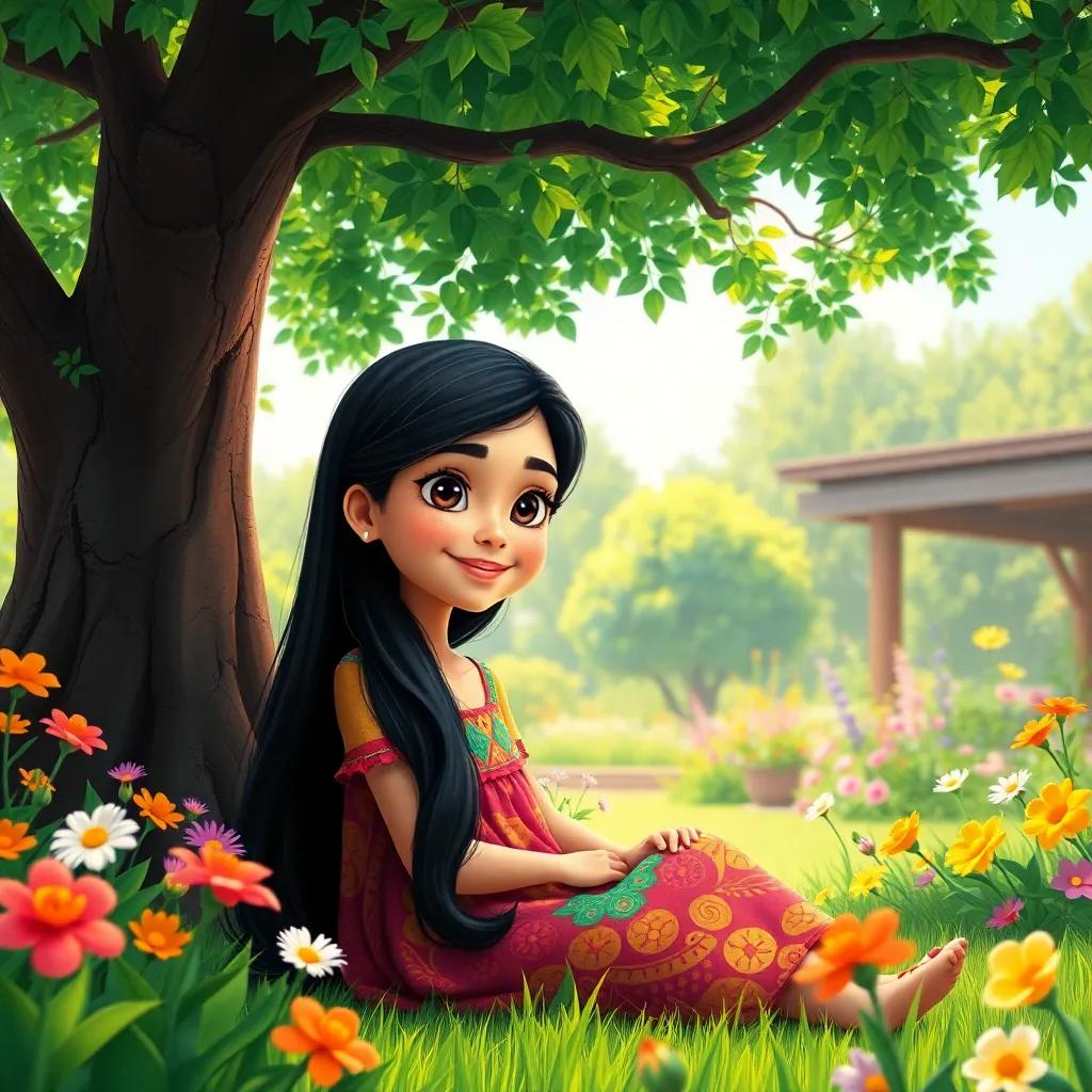 A young Arab girl, Leila, with long black hair, wearing a colorful dress, sitting under a large green tree in a sunny garden, surrounded by colorful flowers, digital art, vibrant colors, cheerful atmosphere, high quality
