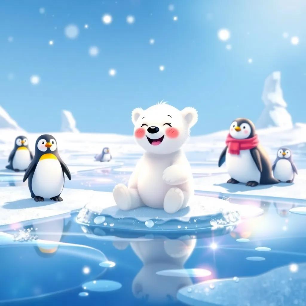 A small polar bear named Leila playing joyfully on shiny ice with her friends the penguins and seals, winter landscape, digital art, cold colors, bright and cheerful atmosphere, high quality
