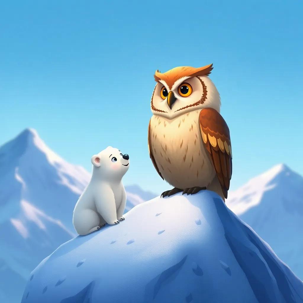 A wise old owl named Tony perched on a snowy mountain top, talking to Leila, the little polar bear, under a clear blue sky, digital painting, warm colors, friendly and inviting vibe, high quality