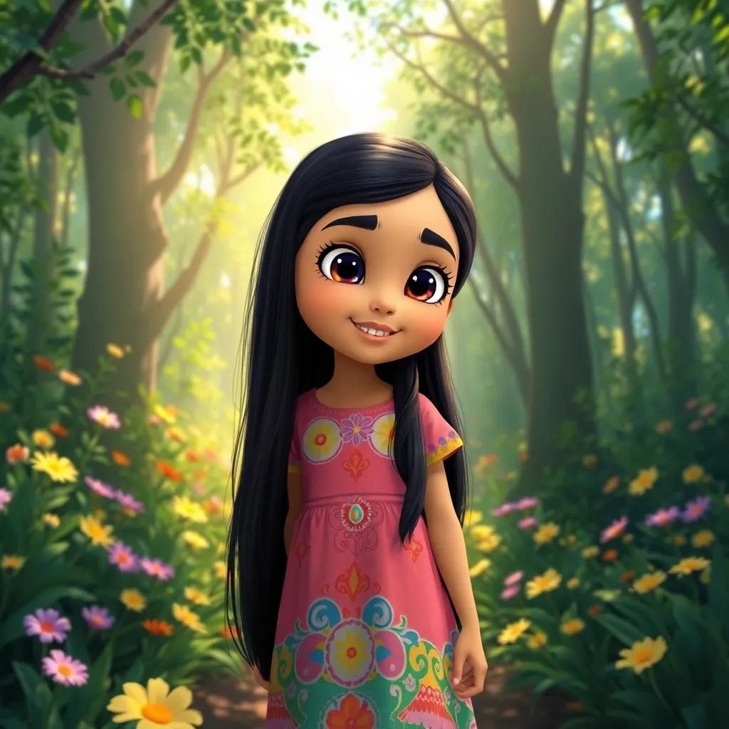 A young Arabic girl, Layla, with long black hair, wearing a colorful dress, exploring a beautiful green forest filled with flowers, bright sunshine, cheerful, child-friendly, high quality