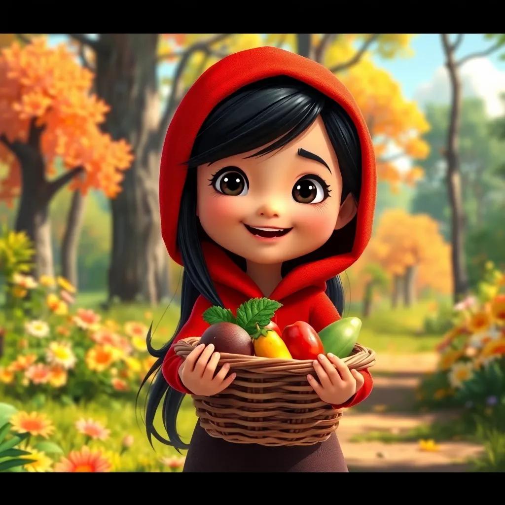 A little girl, Leila, with long black hair wearing a bright red hood, holding a basket filled with food, standing in a sunny forest with vibrant trees and flowers, digital art, joyful atmosphere, lively colors, inviting scene