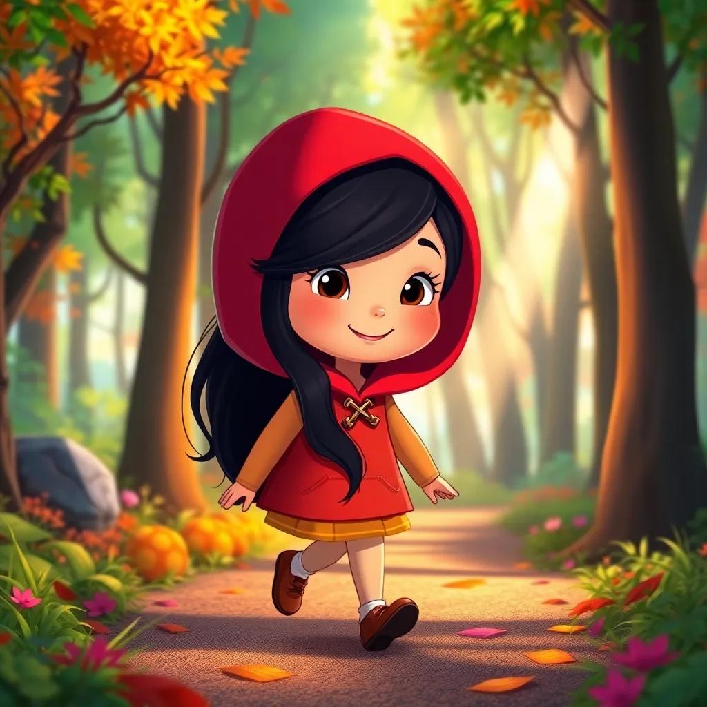 Leila, a little girl with long black hair in a cute red hood, walking in a colorful forest with light streaming through the trees, smiling and cheerful, illustration, bright colors, enchanting setting