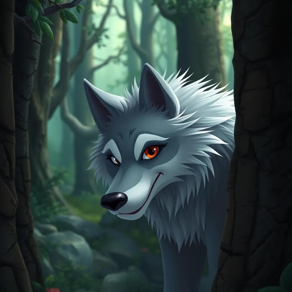 A cunning wolf, with gray fur and sharp eyes, lurking among the trees, watching Leila with a sly smile, mystical forest background, detailed, slightly ominous, artistic, child-friendly