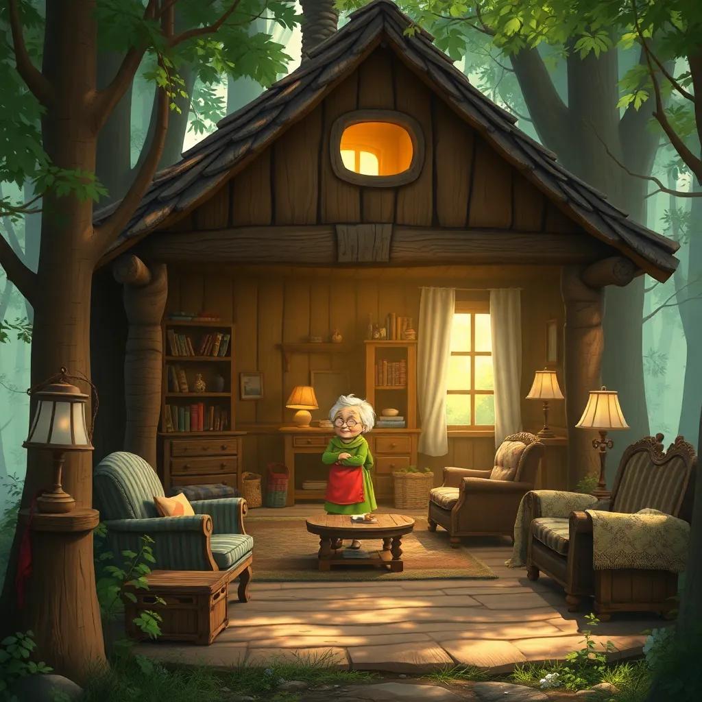 A cozy cottage in the forest, with the old lady inside, her voice warm and welcoming, inside a rustic living room filled with old furniture, digital art, magical, inviting light
