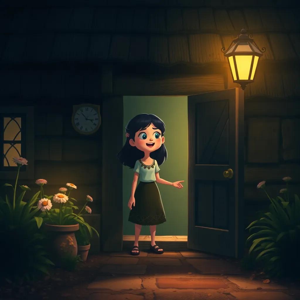 Leila entering the cottage, noticing something unusual, with soft lighting and shadows creating suspense, illustration, lovely but mysterious atmosphere, engaging scene