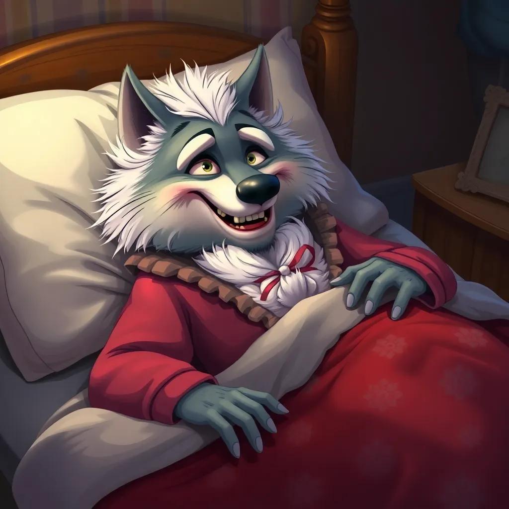The wolf in grandmother's clothing, lying in bed, trying to imitate the old lady, looking funny yet a bit scary, detailed illustration, playful elements, child-friendly