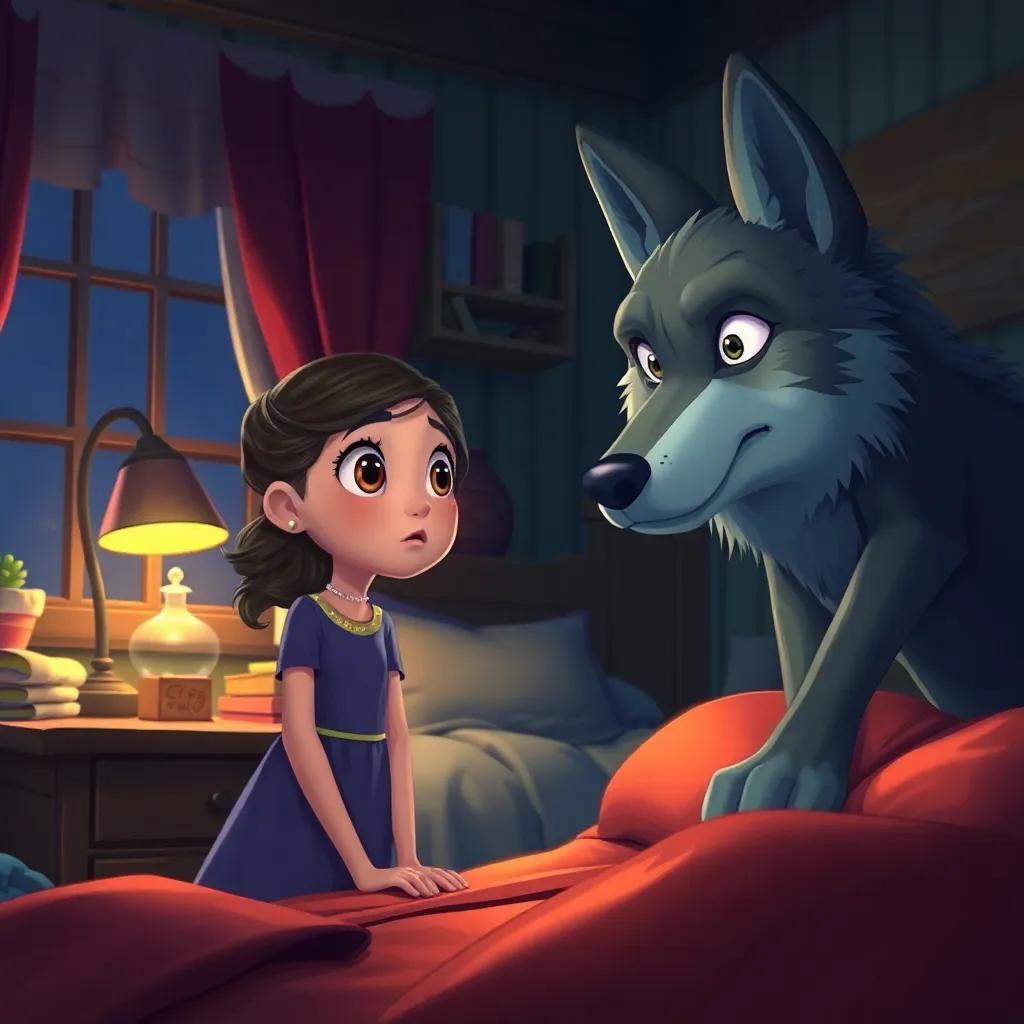 Leila questioning the wolf, her eyes wide with surprise, in a cozy but eerie bedroom, amazing atmosphere, colorful and detailed, engaging illustration