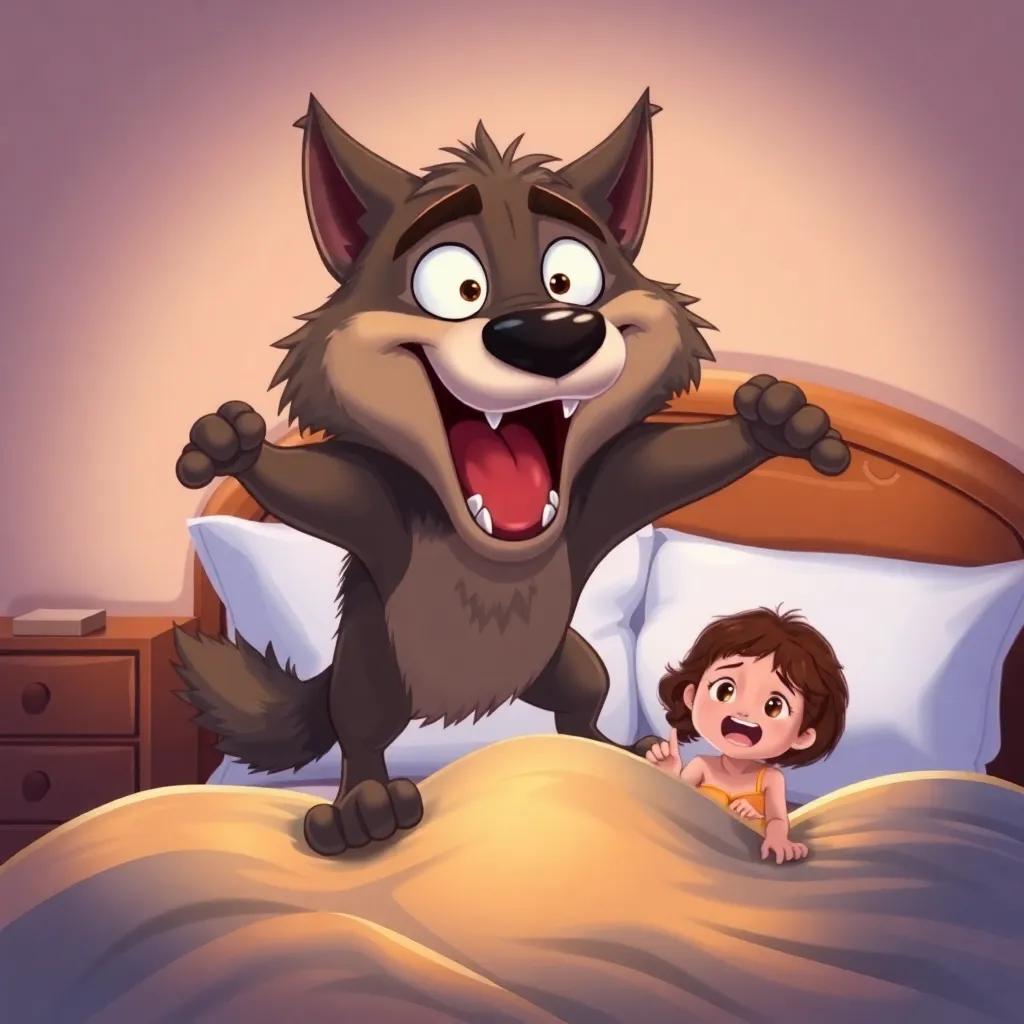 The wolf jumping from the bed, with an exaggerated, comical expression of surprise, Leila looking shocked and frightened, illustrated in vibrant colors, child-friendly, dramatic moment