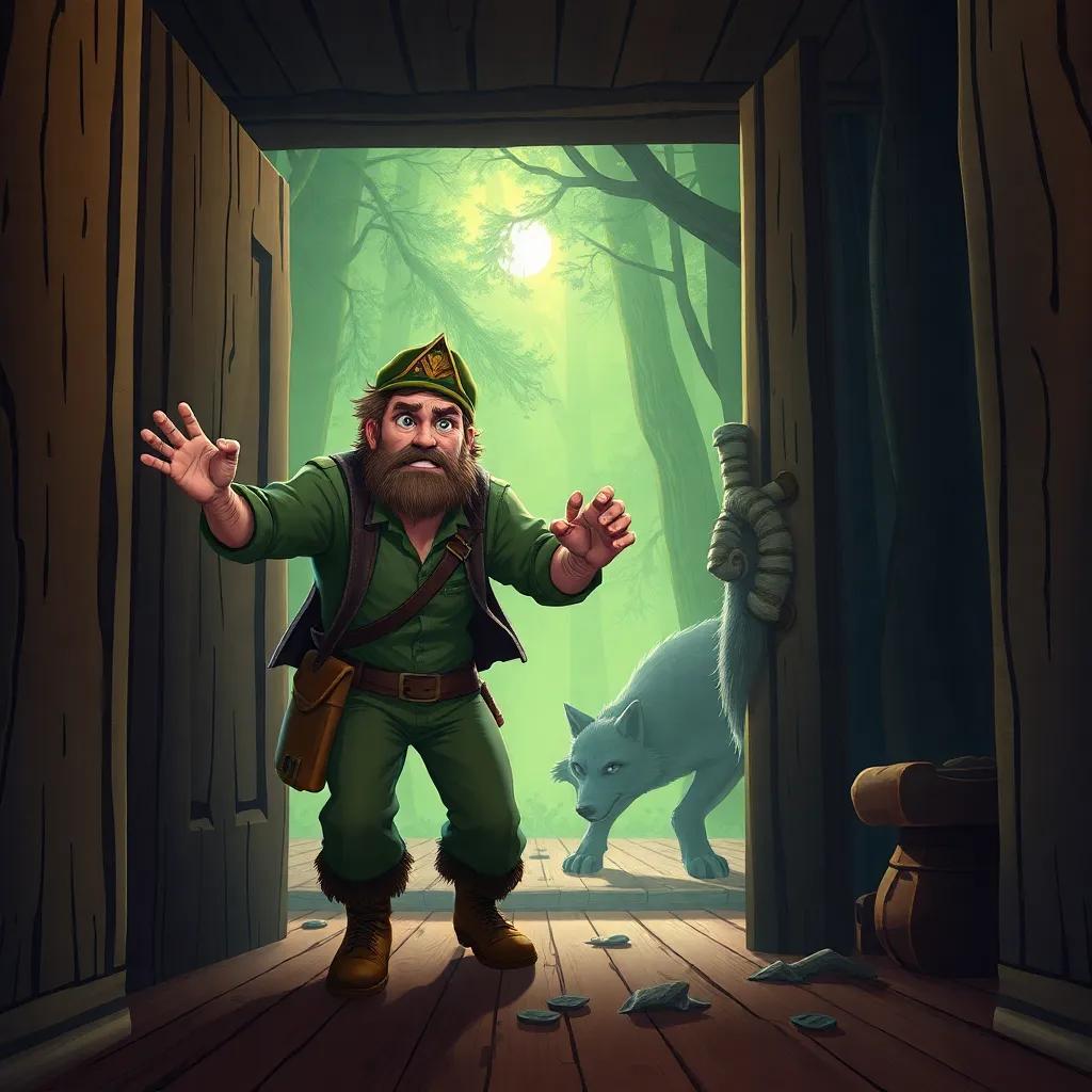 The woodsman bursting into the room, looking brave and strong, with the wolf in the background appearing worried, detailed portrayal, adventure-filled atmosphere, captivating scene