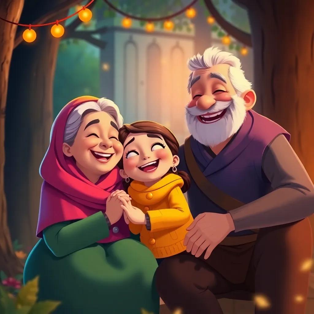 Leila rejoicing with her grandmother and the woodsman, surrounded by warm colors and a sense of happiness, a celebratory scene, heartwarming and engaging illustration