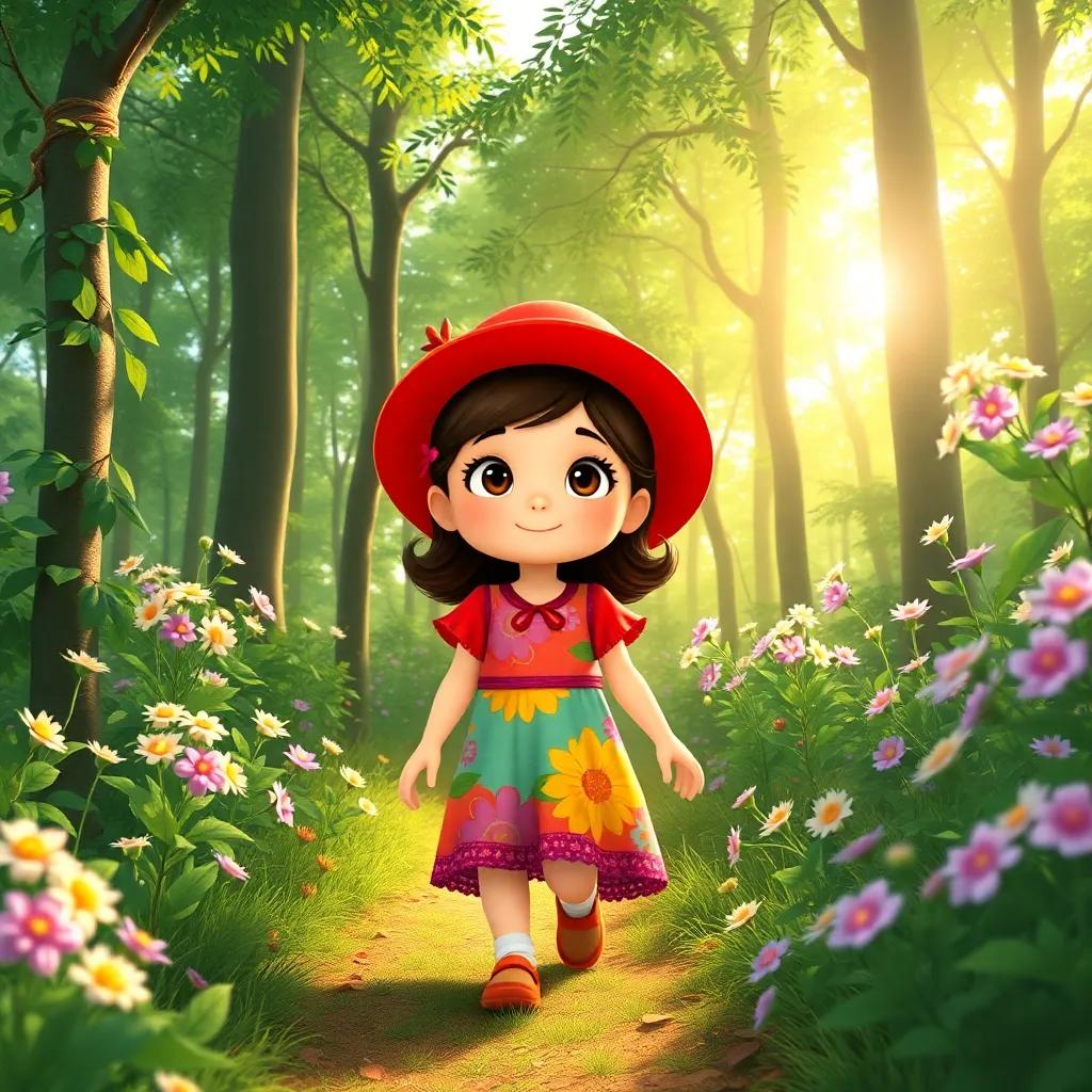 A young girl, Leila, wearing a red hat and a colorful dress, walking through a lush green forest, picking flowers, bright sunlight shining through the trees, cheerful, child-friendly, vibrant colors, high quality