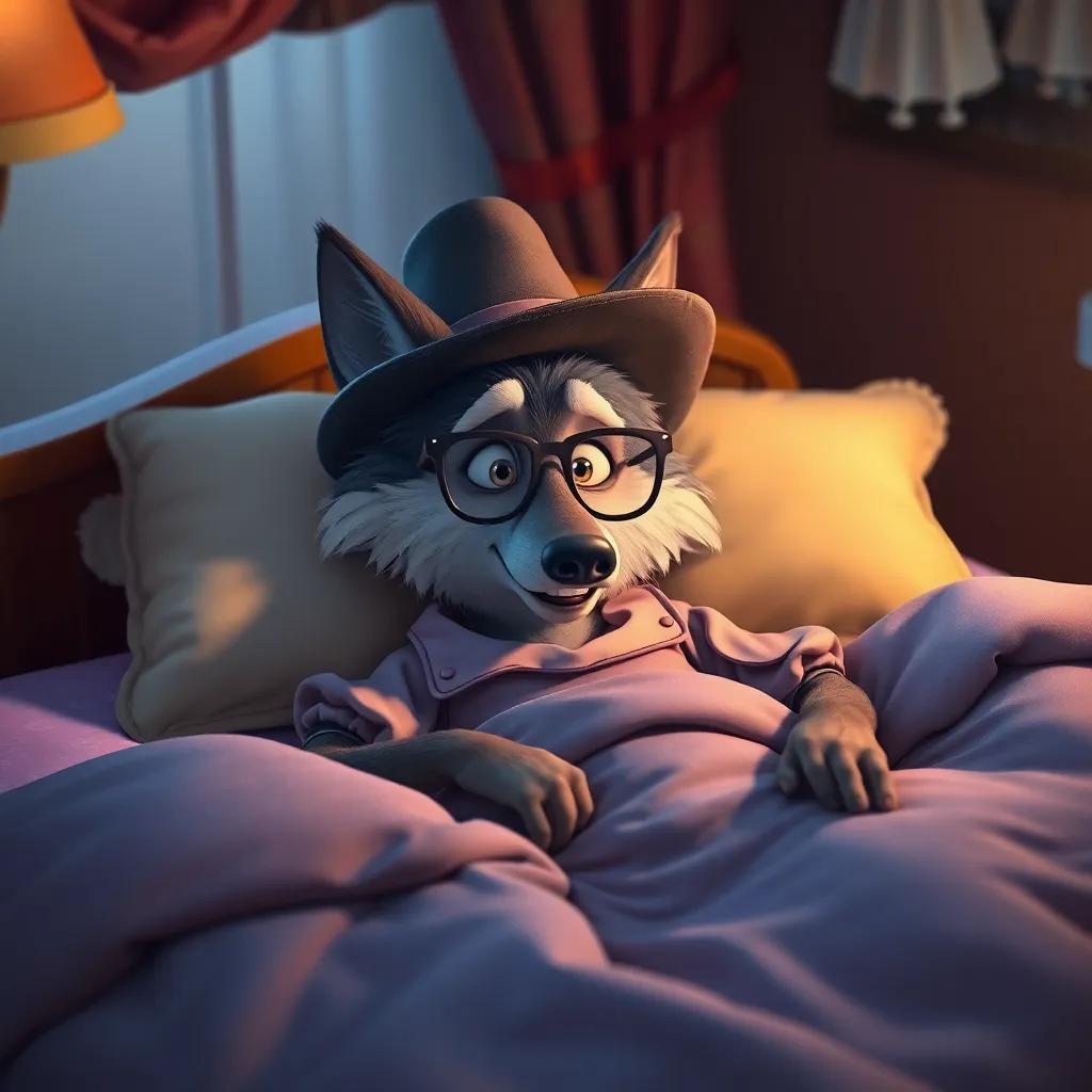 A sly wolf lying in a bed, wearing an old woman's nightgown, with a big hat and glasses, pretending to be the grandmother, cozy room, warm colors, inviting yet suspicious, high quality